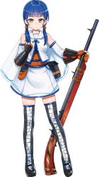 Rule 34 | 1girl, antique firearm, arm warmers, blue bow, blue hair, blunt bangs, bow, capelet, detached sleeves, expressionless, firearm, firelock, flintlock, full body, gloves, gun, holding, holding gun, holding weapon, imai hiyoko, looking at viewer, nakatsu (oshiro project), official art, oshiro project:re, partially fingerless gloves, short hair, skirt, solo, standing, thighhighs, transparent background, twintails, weapon, white skirt, yellow eyes