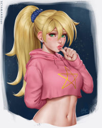 Rule 34 | 1girl, alternate costume, arm behind back, artist name, blonde hair, blue background, blush stickers, candy, casual, commentary, crop top, cropped hoodie, cropped torso, dark magician girl, dated, earrings, english commentary, eyelashes, fingernails, food, green eyes, hair ornament, hair scrunchie, hairclip, hand up, high ponytail, highres, hood, hood down, hoodie, jewelry, lips, lollipop, long hair, long sleeves, looking at viewer, nail polish, navel, pentagram, pink nails, ponytail, sciamano240, scrunchie, signature, solo, stomach, stud earrings, upper body, yu-gi-oh!, yu-gi-oh! duel monsters