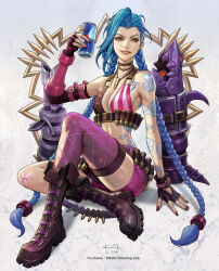 Rule 34 | 1girl, absurdres, asymmetrical legwear, asymmetrical sleeves, bandaid, bandaid on knee, bandaid on leg, bare shoulders, blue hair, braid, breasts, bullet, can, commentary, drink can, english commentary, fingerless gloves, gloves, hair between eyes, highres, holding, holding can, jinx (league of legends), kim sung hwan, league of legends, legs, long hair, looking at viewer, pink eyes, pink shorts, shorts, simple background, sitting, small breasts, smile, soda can, solo, tattoo, teeth, thighhighs, twin braids, twintails, very long hair