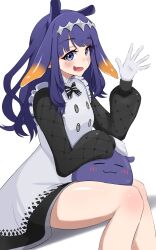 Rule 34 | 1girl, apron, black dress, blue eyes, blush, commentary, dress, fang, feet out of frame, flat chest, frilled apron, frills, gloves, gradient hair, hair flaps, hand up, highres, hololive, hololive english, invisible chair, long hair, long sleeves, looking at viewer, manab (manab101), mole, mole under eye, multicolored hair, ninomae ina&#039;nis, ninomae ina&#039;nis (pastry chef), official alternate costume, official alternate hairstyle, open mouth, orange hair, purple hair, short dress, sidelocks, sitting, solo, takodachi (ninomae ina&#039;nis), tentacle hair, virtual youtuber, waving, wavy hair, white apron, white background, white gloves