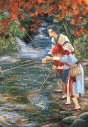 Rule 34 | 1boy, 1girl, absurdres, autumn leaves, basket, blue eyes, blue footwear, blue pants, blue robe, butterfly net, chinese clothes, covered mouth, crab, day, fishing, fishing rod, flats, from side, hair over shoulder, hand net, hand up, hanfu, highres, holding, holding fishing rod, juuni kokuki, leaf, leaning forward, long hair, long sleeves, looking ahead, looking down, maple leaf, nakajima youko, nature, pants, parted lips, ponytail, rakushun (juuni kokuki), red footwear, red hair, robe, sash, shirt, shore, short hair, side-by-side, standing, stream, two-tone footwear, very long hair, water, white pants, white shirt, yi (199702090505)