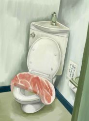 Rule 34 | bad id, bad pixiv id, bathroom, food, food focus, indoors, meat, no humans, original, poto (relax time), pun, still life, toilet, too literal, translation request, what