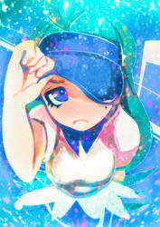 Rule 34 | 1girl, adjusting clothes, adjusting headwear, ahoge, arm up, artist name, blue background, blue eyes, blue hair, blue hat, blush, breasts, closed mouth, creatures (company), elite four, female focus, from above, frown, game freak, hakkasame, hat, highres, kahili (pokemon), light blue hair, looking at viewer, looking up, medium breasts, mole, mole under eye, nintendo, nose blush, pokemon, pokemon sm, shirt, short sleeves, signature, simple background, solo, standing, twitter username, visor cap, white shirt