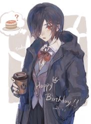 Rule 34 | 1girl, ?, black hair, black jacket, black nails, brethil, cake, character name, coffee, coffee cup, collared shirt, commentary request, cup, dated, disposable cup, food, hair over eyes, hands in pockets, happy birthday, highres, hood, hooded jacket, jacket, kirishima touka, looking at viewer, nail polish, neckerchief, open clothes, open jacket, pleated skirt, red eyes, red neckerchief, shirt, short hair, simple background, skirt, solo, tokyo ghoul