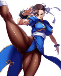 Rule 34 | 1girl, bracelet, breasts, brown eyes, brown hair, bun cover, capcom, china dress, chinese clothes, chun-li, double bun, dress, eto, flexible, highres, jewelry, kicking, large breasts, leg up, legs, muscular, pantyhose, pelvic curtain, short hair, solo, spiked bracelet, spikes, street fighter, thick thighs, thighs