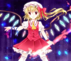Rule 34 | 1girl, ajiriko, ascot, bad id, bad pixiv id, blonde hair, blush, bow, crystal, flandre scarlet, hat, highres, lace, laevatein, nail polish, open mouth, puffy short sleeves, puffy sleeves, red eyes, ribbon, short hair, short sleeves, side ponytail, skirt, smile, solo, thighhighs, touhou, vest, white thighhighs, wings
