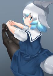 Rule 34 | 1girl, alternate costume, black footwear, black pantyhose, blowhole, blue dress, blue eyes, blush, cetacean tail, common bottlenose dolphin (kemono friends), dolphin girl, dorsal fin, dress, fins, fish tail, grey hair, hair between eyes, head fins, highres, kemono friends, loafers, looking at viewer, looking back, multicolored hair, pantyhose, sailor collar, sailor dress, school uniform, shoes, short sleeves, sidelocks, sitting, solo, stretching, tail, uf34a, white hair, white sleeves