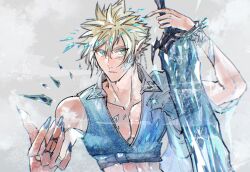 Rule 34 | alternate costume, aqua eyes, blonde hair, cloud strife, collarbone, crop top, final fantasy, final fantasy vii, fingernails, grey background, hair between eyes, highres, holding, holding sword, holding weapon, ice, jewelry, long fingernails, looking at viewer, midriff, pectorals, pointy ears, popped collar, ring, shio ga, short hair, single bare shoulder, spiked hair, sword, toned, toned male, upper body, v-neck, weapon