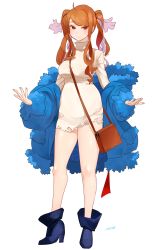 Rule 34 | 1girl, absurdres, ahoge, ankle boots, bag, between breasts, blue coat, blue footwear, boots, breasts, brown eyes, brown hair, closed mouth, coat, commission, contrapposto, dress, full body, high heel boots, high heels, highres, large breasts, looking at viewer, off shoulder, open clothes, open coat, original, quad tails, ryusei hashida, short dress, shoulder bag, sidelocks, signature, simple background, smile, solo, standing, strap between breasts, sweater, sweater dress, torn clothes, torn dress, torn sweater, twintails, white background, white dress, white sweater