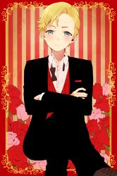 Rule 34 | 1boy, androgynous, black jacket, black pants, blonde hair, blue eyes, blush, breast pocket, brown footwear, chisumi, closed mouth, collared shirt, crossed arms, feet out of frame, flower, foreshortening, framed, frown, head tilt, highres, jacket, crossed legs, long sleeves, looking at viewer, male focus, original, pants, perspective, pink flower, pink rose, pocket, red background, red flower, red jacket, red rose, rose, shirt, shoes, sitting, solo, striped, striped background, white shirt