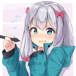 Rule 34 | 1girl, absurdres, bad id, bad pixiv id, blue hair, blue jacket, blush, bow, character name, collarbone, commentary request, eromanga sensei, fang, flying sweatdrops, hair between eyes, hair bow, hands up, highres, holding, holding stylus, izumi sagiri, j young, jacket, long hair, long sleeves, looking at viewer, nose blush, open mouth, revision, silver hair, sitting, sleeves past wrists, solo, stylus, track jacket, v-shaped eyebrows, very long hair, wariza
