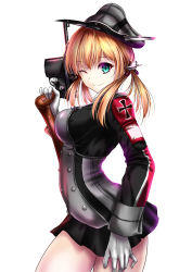 Rule 34 | 10s, 1girl, ;), akeyama kitsune, blonde hair, blue eyes, breasts, cross, gun, handgun, hat, holding, holding gun, holding weapon, iron cross, kantai collection, large breasts, looking at viewer, low twintails, luger p08, mauser c96, one eye closed, prinz eugen (kancolle), skirt, smile, solo, twintails, uniform, weapon, white background