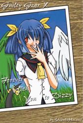 Rule 34 | 1girl, arc system works, asymmetrical wings, blue hair, dizzy (guilty gear), guilty gear, photo (object), red eyes, ribbon, solo, tail, tail ornament, tail ribbon, wings