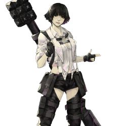 Rule 34 | 1girl, absurdres, black gloves, black hair, blue eyes, breasts, capcom, cleavage, closed mouth, devil may cry (series), devil may cry 5, finger gun, fingerless gloves, fingernails, gloves, goggles, goggles around neck, grenade launcher, grey nails, gun, heterochromia, highres, kalina ann (weapon), lady (devil may cry), nail polish, pouch, red eyes, scratches, short hair, simple background, sleeves rolled up, smile, solo, subakeye, weapon, weapon on back, white background