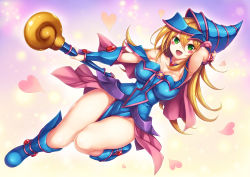 Rule 34 | 1girl, :d, arm up, bare shoulders, between legs, blonde hair, blue footwear, blue hat, blush, blush stickers, boots, breasts, cape, choker, cleavage, curvy, dark magician girl, duel monster, dutch angle, eyebrows, full body, glowing, green eyes, hair between eyes, hand on own head, hat, large breasts, light particles, long hair, magical girl, off shoulder, open mouth, pentacle, pink cape, smile, solo, staff, vambraces, waist cape, wide hips, wizard hat, yu-gi-oh!, yu-gi-oh! duel monsters, yuki usagi (snowcanvas)