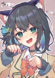 Rule 34 | 1girl, animal ears, black choker, black hair, black sweater, blazer, blue bow, blue hair, blush, bow, bowtie, brown background, brown jacket, cat ears, choker, collared shirt, colored inner hair, commentary request, fake animal ears, furrowed brow, gradient hair, green eyes, hair bow, haru1suama, head tilt, highres, jacket, layered clothes, long sleeves, looking at viewer, loose bowtie, medium hair, miyamai moca, multicolored hair, nervous smile, outline, paw pose, red bow, red bowtie, shirt, simple background, sleeves past wrists, smile, solo, sweat, sweater, translation request, upper body, voicepeak, white outline, white shirt