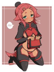 Rule 34 | 1girl, animal ears, black shorts, black thighhighs, blush, breasts, bridal gauntlets, brown background, bun cover, commentary request, flying sweatdrops, forehead, gluteal fold, green eyes, groin, hair bun, hair ornament, hairclip, haniwagi (hal), kneeling, lifting own clothes, no shoes, original, panties, parted lips, puffy shorts, red hair, red panties, short eyebrows, short sleeves, shorts, shrug (clothing), small breasts, solo, spoken blush, stirrup legwear, thick eyebrows, thighhighs, toeless legwear, two-tone background, underwear, white background