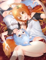 Rule 34 | 2girls, :d, animal ears, black shorts, black sleeves, blue eyes, blue hair, brown eyes, brown hair, collarbone, fang, flower, food, fox tail, fuku kitsune (fuku fox), hair between eyes, hair flower, hair ornament, hair ribbon, highres, long hair, looking at viewer, lying, multiple girls, off shoulder, on back, on side, open mouth, print shirt, red ribbon, red shorts, ribbon, shironeko project, shirt, short shorts, short sleeves, shorts, smile, tail, very long hair, white shirt, wolf ears, wolf tail, yellow flower