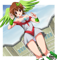 Rule 34 | 1girl, :o, asaka hinata, bare shoulders, boots, brown eyes, brown hair, butterfly hair ornament, chisato (missing park), dress, dutch angle, fusion, gem, giant, giantess, hair ornament, head wings, jewelpet (series), jewelpet sunshine, jewelry, knee boots, panties, pantyshot, parody, peridot (jewelpet), ponytail, solo, sparkle, ultra series, underwear, wings