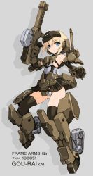 Rule 34 | 10s, 1girl, armor, bare shoulders, black gloves, black thighhighs, blonde hair, blue eyes, blush, character name, closed mouth, commentary request, elbow gloves, frame arms girl, full body, gloves, gourai, grey background, gun, headgear, highres, holding, holding gun, holding weapon, karukan (monjya), looking at viewer, mecha musume, panties, short hair, shoulder cannon, simple background, skirt, solo, striped clothes, striped panties, text focus, thighhighs, underwear, weapon