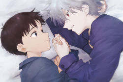 Rule 34 | 11kkr, 2boys, bed, bed sheet, blue eyes, blue pajamas, blurry, brown hair, buttons, close-up, closed mouth, colored eyelashes, depth of field, dutch angle, eye contact, face-to-face, facing away, fingernails, grey hair, grey pajamas, half-closed eyes, head rest, holding hands, ikari shinji, light smile, looking at another, lying, male focus, multiple boys, nagisa kaworu, neon genesis evangelion, on bed, on side, pajamas, pale skin, parted lips, pillow, profile, red eyes, under covers, upper body, yaoi