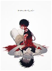 Rule 34 | 2boys, alternate eye color, antenna hair, black eyes, black footwear, black hair, black sweater vest, black tank top, blood, blood on clothes, blood on face, blood splatter, brown shorts, clenched teeth, closed mouth, collared shirt, colored skin, copyright name, crying, crying with eyes open, dual persona, excessive blood, expressionless, grey eyes, hair behind ear, highres, looking at viewer, multiple boys, omori, omori (omori), ryaa1234, shirt, short hair, short sleeves, shorts, sleeveless, socks, sunny (omori), sweater vest, tank top, tears, teeth, white background, white shirt, white skin, white socks