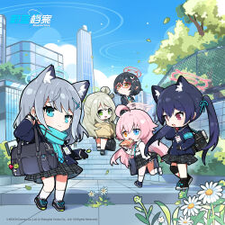 Rule 34 | 5girls, absurdres, ahoge, album cover, animal ear fluff, animal ears, ayane (blue archive), bag, black footwear, black gloves, black hair, blue archive, blue eyes, blue hair, blue scarf, blue sky, bread, bread slice, building, cat ears, chibi, chinese text, company name, copyright name, cover, cross hair ornament, day, extra ears, fang, flower, food, foreclosure task force (blue archive), gloves, green eyes, grey hair, hair ornament, halo, heterochromia, highres, holding, holding bag, holding food, hoshino (blue archive), id card, kneehighs, long hair, looking at viewer, multiple girls, nonomi (blue archive), official art, orange eyes, outdoors, pink hair, plaid, plaid skirt, pleated skirt, red-framed eyewear, red eyes, scarf, school uniform, serika (blue archive), shiroko (blue archive), short hair, skin fang, skirt, sky, socks, stairs, standing, twintails, white flower, wolf ears