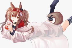 Rule 34 | 1girl, angelina (arknights), animal ears, arknights, bendy straw, black socks, brown hair, cup, disposable cup, drinking straw, feet out of frame, grey background, hair between eyes, hairband, highres, holding, holding cup, infection monitor (arknights), jacket, legs up, long hair, long sleeves, looking at viewer, lying, on stomach, parted lips, puffy long sleeves, puffy sleeves, red eyes, red hairband, simple background, socks, solo, striped clothes, striped hairband, tail, white jacket, yoi6/yoiro