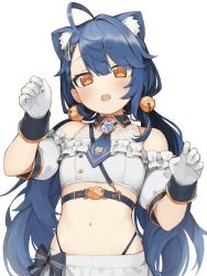 Rule 34 | 1girl, ahoge, amamiya kokoro, amamiya kokoro (2nd costume), animal ear fluff, animal ears, bare shoulders, bell, blue hair, blue neckwear, blush, braid, breasts, brown eyes, cat ears, collared shirt, commentary request, crop top, detached sleeves, gloves, hair bell, hair between eyes, hair ornament, hairclip, hands up, head tilt, highres, jingle bell, kemonomimi mode, long hair, low twintails, midriff, navel, nijisanji, open mouth, puffy short sleeves, puffy sleeves, seramikku, shirt, short sleeves, simple background, single hair intake, sleeveless, sleeveless shirt, small breasts, solo, twintails, very long hair, virtual youtuber, white background, white gloves, white shirt, white sleeves, x hair ornament