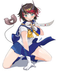 Rule 34 | 1girl, absurdres, bishoujo senshi sailor moon, black hair, blue choker, blue eyes, blue sailor collar, blue skirt, blue socks, bow, bowtie, breasts, choker, closed mouth, cosplay, dagger, demon girl, demon horns, demon tail, full body, gloves, highres, holding, holding dagger, holding knife, holding weapon, horns, knife, large breasts, looking at viewer, magical girl, miniskirt, multicolored hair, nanashi inc., pleated skirt, pointy ears, red hair, ryugasaki rene, sailor collar, sailor senshi uniform, sailor uranus, sailor uranus (cosplay), short hair, signature, skirt, smile, socks, solo, squatting, sugar lyric, tail, two-tone hair, virtual youtuber, weapon, white gloves, yellow bow, yellow bowtie, zono (inokura syuzo029)