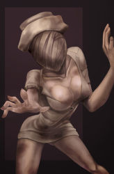 Rule 34 | 1girl, bandages, breasts, bubble head nurse, cleavage, commentary request, faceless, hat, mikan@renshu-chu, monster girl, nurse, nurse cap, silent hill, silent hill (series), silent hill 2, solo