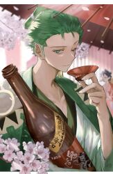 Rule 34 | 1boy, ;), alcohol, cherry blossoms, choko (cup), coat, coat on shoulders, cup, green eyes, green hair, hand up, highres, japanese clothes, kimono, male focus, monkey d. luffy, one eye closed, one piece, roronoa zoro, saitani, scar, scar across eye, short hair, smile, solo focus, topknot, umbrella