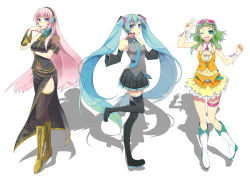 Rule 34 | 3girls, :o, ;d, aqua eyes, aqua hair, armband, asymmetrical sleeves, bare arms, bare shoulders, belt, black detached sleeves, black footwear, black skirt, blue eyes, blush, boots, breast hold, breasts, brooch, clenched hand, collared shirt, cross-laced footwear, detached collar, detached sleeves, dress, female focus, frilled dress, frilled skirt, frills, full body, gem, goggles, goggles on head, green eyes, green hair, gumi, hair ornament, hairband, hatsune miku, headphones, headset, jewelry, large breasts, legband, long hair, long skirt, looking at viewer, medium breasts, megurine luka, multiple belts, multiple girls, navel, necktie, one eye closed, open mouth, pink hair, pleated skirt, pochi (pochi-goya), red gemstone, blue gemstone, shadow, shirt, short hair with long locks, side slit, single sleeve, skirt, sleeveless, sleeveless shirt, sleeveless turtleneck, smile, standing, thigh boots, thighhighs, turtleneck, twintails, uneven sleeves, v, very long hair, vocaloid, white footwear, wink, wrist cuffs, yellow detached sleeves, yellow dress, yellow footwear