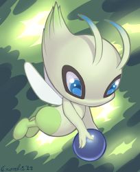 Rule 34 | absurdres, antennae, artist name, berry, blue eyes, celebi, creatures (company), crombie, dated, floating, food, fruit, full body, game freak, gen 2 pokemon, green background, heart, highres, legendary pokemon, looking down, mythical pokemon, nintendo, pokemon, pokemon (creature), pokemon gsc, simple background, solo, text focus, wings