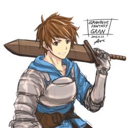 Rule 34 | 10s, 1boy, aoi taishi, armor, bad id, bad twitter id, brown eyes, brown hair, character name, copyright name, fighter (granblue fantasy), gauntlets, gran (granblue fantasy), granblue fantasy, hood, hoodie, looking at viewer, male focus, matching hair/eyes, over shoulder, short hair, simple background, smile, solo, sword, upper body, weapon, weapon over shoulder, white background