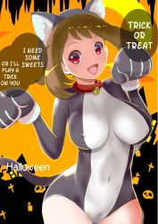 Rule 34 | 1girl, breasts, brown hair, cleft of venus, creatures (company), game freak, halloween, highres, large breasts, looking at viewer, makoto daikichi, may (pokemon), nintendo, open mouth, pokemon, pokemon rse, red eyes, short hair, smile, solo