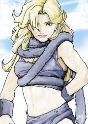 Rule 34 | 1990s (style), 1girl, ayla (chrono trigger), blonde hair, blue eyes, blush, chrono (series), chrono trigger, closed mouth, female focus, fur trim, hair over one eye, kusanagi shion (elda), lips, long hair, looking at viewer, midriff, navel, revealing clothes, sky, smirk, solo, stomach, sweatband, wristband