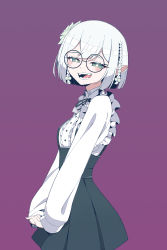 Rule 34 | 1girl, absurdres, black dress, black ribbon, borrowed character, braid, bright pupils, commission, cowboy shot, dress, frills, glasses, green eyes, highres, long sleeves, neck ribbon, open mouth, original, pinafore dress, pointy ears, purple background, ribbon, shirt, short hair, side braid, simple background, sleeveless dress, smile, solo, teeth, unexistarts, white hair, white pupils, white shirt