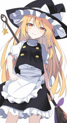 Rule 34 | 1girl, apron, black hat, black skirt, black vest, blonde hair, blush, bow, braid, broom, closed mouth, dress, e.o., feet out of frame, frilled hat, frilled skirt, frills, hair between eyes, hat, hat bow, highres, holding, holding broom, kirisame marisa, long hair, puffy short sleeves, puffy sleeves, short sleeves, simple background, single braid, skirt, smile, solo, touhou, vest, waist apron, white apron, white background, white bow, white dress, witch hat, yellow eyes