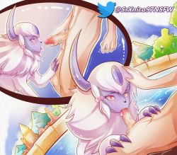 Rule 34 | 1boy, 1girl, :&gt;=, absol, absurdres, bath, bathing, body fur, censored, claws, creatures (company), eye contact, faceless, faceless male, fellatio, furry, game freak, gem, gen 3 pokemon, highres, horn, imminent fellatio, interspecies, licking, licking penis, looking at another, nintendo, oral, outdoors, penis, pokemon, pokemon (creature), red eyes, ribbon, saliva, sauna, self-upload, sex, srxnico97, testicles, trembling, twitter, veins, veiny penis