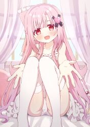 Rule 34 | 1girl, absurdres, artina, blush, dress, frilled dress, frills, hair ornament, hairclip, highres, long hair, looking at viewer, open mouth, original, panties, pink hair, red eyes, sitting, sleeveless, sleeveless dress, smile, solo, thighhighs, underwear, white dress, white panties, white thighhighs, window