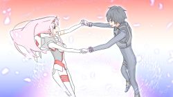 Rule 34 | 10s, 1boy, 1girl, absurdres, black bodysuit, black hair, blue eyes, bodysuit, brotherwolf10, couple, darling in the franxx, feathers, floating, floating hair, fringe trim, gloves, green eyes, hair ornament, hairband, hetero, highres, hiro (darling in the franxx), holding hands, horns, long hair, looking at another, oni horns, pilot suit, pink hair, red horns, short hair, white bodysuit, white gloves, white hairband, zero two (darling in the franxx)