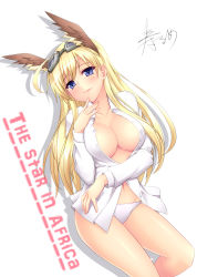 Rule 34 | 1girl, animal ears, blonde hair, blue eyes, blush, breasts, cleavage, collarbone, goggles, hanna-justina marseille, head wings, large breasts, lips, long hair, midriff, navel, panties, shirt, solo, strike witches, surume (clavis), underwear, white panties, wings, world witches series