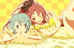 Rule 34 | 10s, 2girls, blue eyes, blue hair, fingers together, food, frills, fumiko (mesushi), hair ornament, hair ribbon, hairclip, long hair, mahou shoujo madoka magica, mahou shoujo madoka magica (anime), miki sayaka, multiple girls, one eye closed, open mouth, pillow, pocky, red eyes, red hair, ribbon, sakura kyoko, short hair, wink