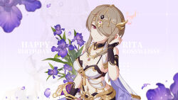 Rule 34 | 1girl, birthday, breasts, english text, eyebrows hidden by hair, flower, hand in own hair, highres, honkai (series), honkai impact 3rd, large breasts, looking at viewer, official alternate costume, official art, official wallpaper, one eye covered, purple flower, rita rossweisse, rita rossweisse (spina astera), simple background, smile, solo, upper body, white background
