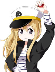 Rule 34 | 1girl, arm up, black eyes, blonde hair, blush stickers, flat chest, food, fruit, hair between eyes, hand on own hip, hat, holding, jacket, k-on!, kotobuki tsumugi, listen!!, long hair, looking at viewer, open clothes, open jacket, peaked cap, ruu (tksymkw), shirt, sidelocks, simple background, smile, solo, strawberry, striped clothes, striped shirt, upper body, white background