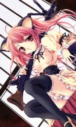 Rule 34 | 1girl, animal ears, bed, breasts, miyama-zero, nipples, no bra, open clothes, open shirt, panties, pink hair, shirt, solo, thighhighs, underwear, weapon