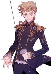 Rule 34 | 1boy, 723 (tobi), black jacket, black pants, blonde hair, braid, braided ponytail, closed mouth, giorno giovanna, green eyes, highres, holding, holding sword, holding weapon, jacket, jojo no kimyou na bouken, long hair, long sleeves, looking at viewer, pants, simple background, smile, solo, sword, vento aureo, weapon, white background
