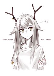 Rule 34 | 1girl, antlers, arknights, character name, cropped torso, deel (rkeg), expressionless, firewatch (arknights), green eyes, hair flaps, highres, horns, limited palette, long hair, looking at viewer, mole, mole under eye, one-hour drawing challenge, reindeer antlers, shirt, short sleeves, simple background, solo, white background