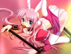 Rule 34 | 1girl, all fours, animal ears, ball gag, bdsm, blue eyes, bondage, bound, clothes lift, collar, cuffs, detached sleeves, fake animal ears, gag, gagged, game cg, garter belt, grey eyes, hiura youko, kanna (plum), long hair, looking at viewer, midriff, open mouth, panties, pink hair, rabbit ears, reijou club, skirt, skirt lift, slave, solo, spreader bar, thighhighs, top-down bottom-up, twintails, underwear
